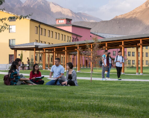 Sehar in the red T-shirt with fellow students at the Khorog campus.