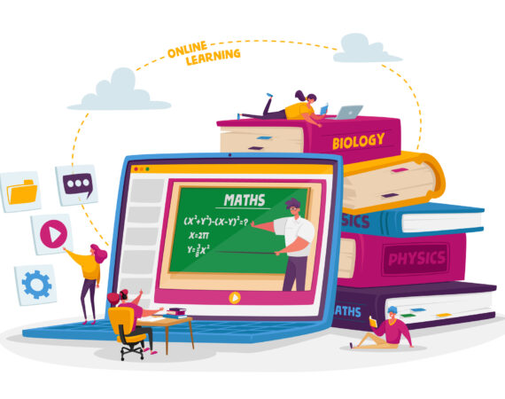 Online School Education at Home, Quarantine Concept. Tiny Student Characters Distant Studying Sitting around Huge Laptop